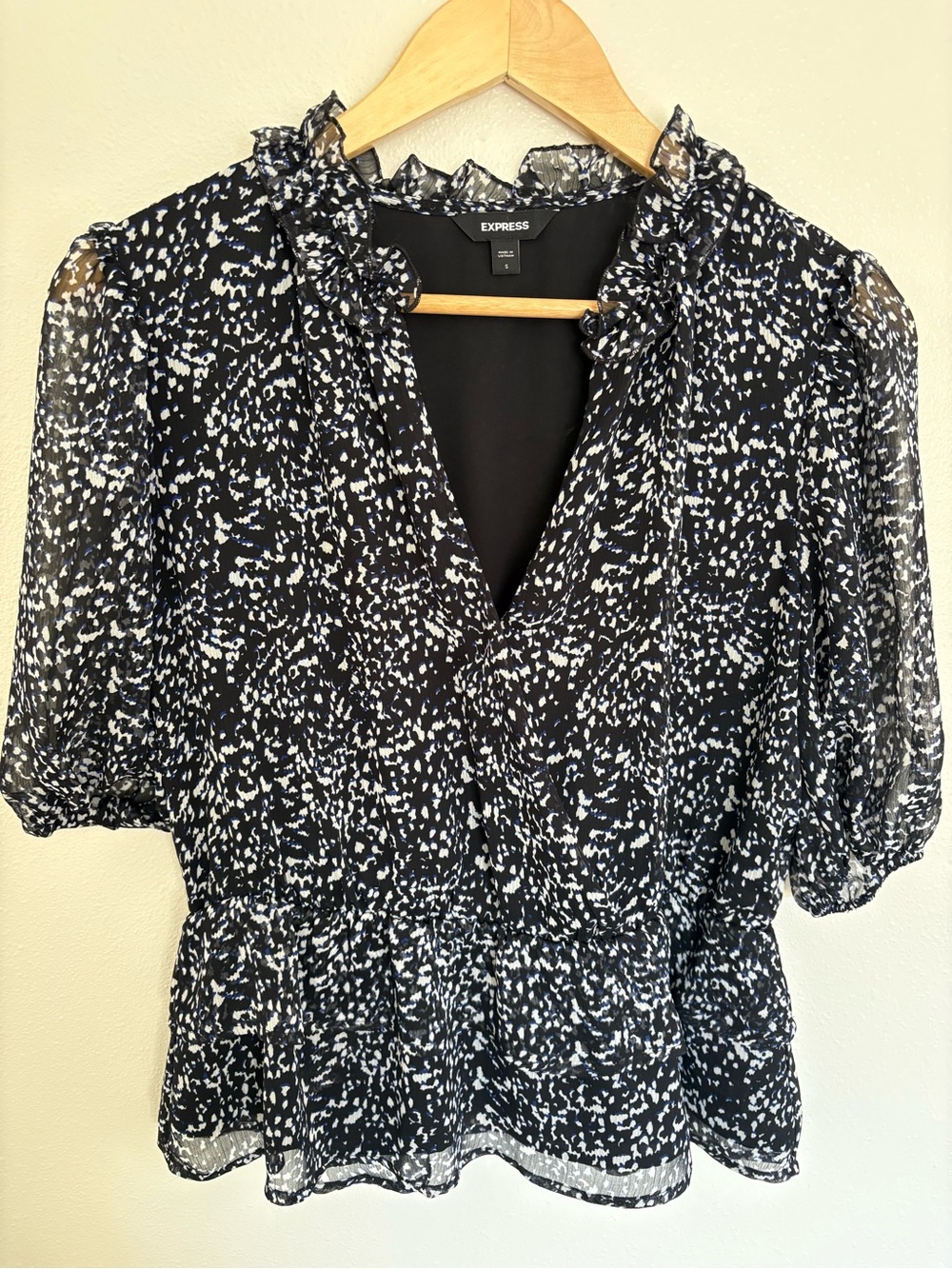 Express Black, White, and Blue Printed Ruffle V-Neck Blouse